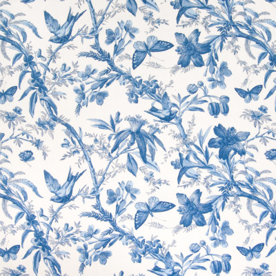 B4945 Cornflower Fabric: D67, D47, BIRD, ANIMAL, BUTTERFLY, FLORAL, JACOBEAN PRINT, BLUE AND WHITE FLORAL PRINT, BLUE AND WHITE ANIMAL PRINT, MADE IN USA, 100% COTTON,FOLIAGE