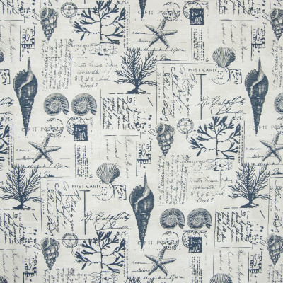 B6864 Caspian Fabric: D79, OUTDOOR, BLUE BEACH, TROPICAL BEACH, OUTDOOR NOVELTY, SEASHELL, CORAL, SCRIPT, BEACH SEASHELLS, STAMPS, STARFISH, CORAL, POSTCARDS