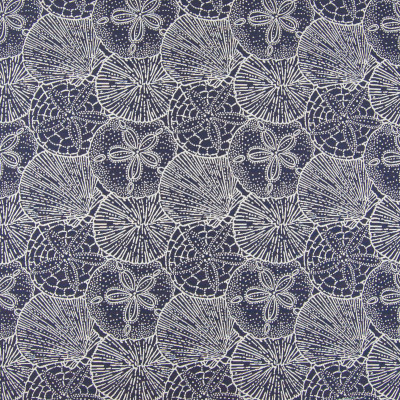 B6935 Sky Fabric: D80, OUTDOOR, BLUE SEASHELL, SANDDOLLAR, TROPICAL BEACH, NOVELTY SHELLS, INDIGO, NAVY, OUTDOOR SEASHELL, OUTDOOR, PERFORMANCE FABRIC