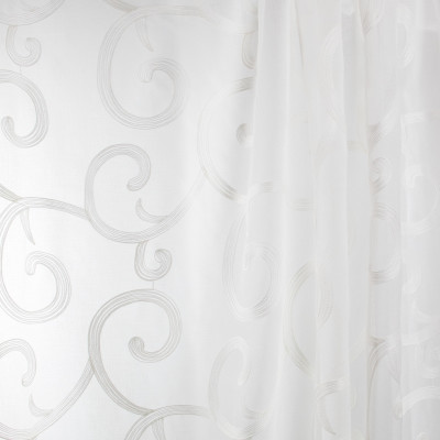 B7941 Quartz Fabric: E03, INHERENTLY FIRE RETARDANT, IFR, FIRE RESISTANT, SCROLL SHEER, EMBROIDERED SCROLL SHEER, SCROLL EMBROIDERY, WHITE SCROLL SHEER