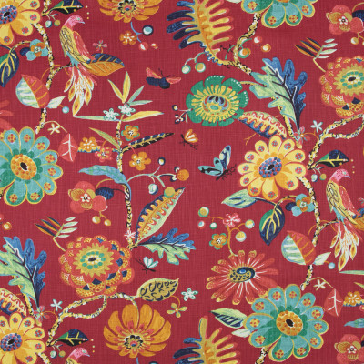 B8925 Red Fabric: E29, LARGE SCALE FLORAL PRINT, RED FLORAL PRINT, BIRD, BIRDS, BIRD PRINT, COTTON PRINT, BRIGHTLY COLORED FLORAL PRINT, MULTICOLORED FLORAL PRINT, WHIMSICAL PRINT, HALF DROP REPEAT