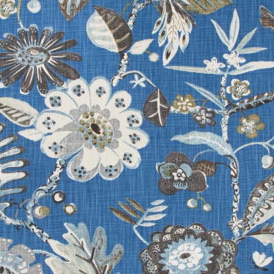 B8926 Cobalt Fabric: E36, E28, LARGE SCALE FLORAL PRINT, BLUE FLORAL PRINT, BIRD, BIRDS, BIRD PRINT, COTTON PRINT, BRIGHTLY COLORED FLORAL PRINT, MULTICOLORED FLORAL PRINT, WHIMSICAL PRINT, HALF DROP REPEAT