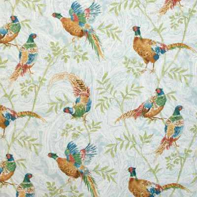 B9314 Oasis Fabric: E36, E28, BLUE PAISLEY, LARGE SCALE PAISLEY, ANIMAL, BIRD, LARGE BIRD PRINT, PHEASANT PRINT, BIRDS, WHIMSICAL, RUST, LEAF, FOLIAGE, NATURE, PHEASANT