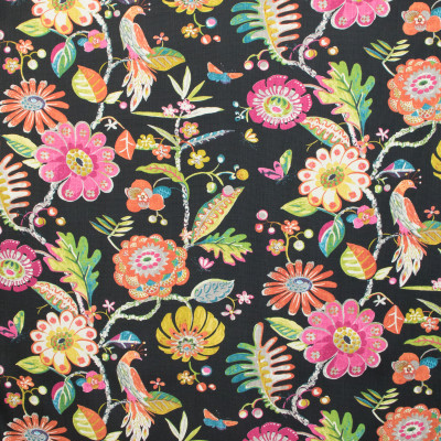 B9620 Jet Fabric: E36, BLACK FLORAL, BLACK PRINTED FLORAL, HALF DROP REPEAT, BIRDS, BIRD, BIRD PRINT, COTTON PRINT, LARGE SCALE FLORAL