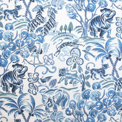 B9627 Persian Blue Fabric: E36, ANIMAL PRINT, ELEPHANT PRINT, TIGER PRINT, BIRD PRINT, PALM TREES, BIRD PRINT