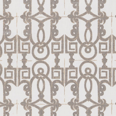 F1269 Champagne Fabric: E54, LATTICE, GEOMETRIC, SCROLL, METALLIC, SILVER, PEWTER, COTTON, PRINT, COTTON PRINT, 100% COTTON, MADE IN USA