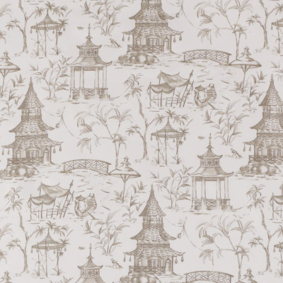 F1276 Bisque Fabric: E54, PAGODA, ASIAN, TOILE, COTTON, PRINT, COTTON PRINT, 100% COTTON, NEUTRAL, GRAY, MADE IN USA