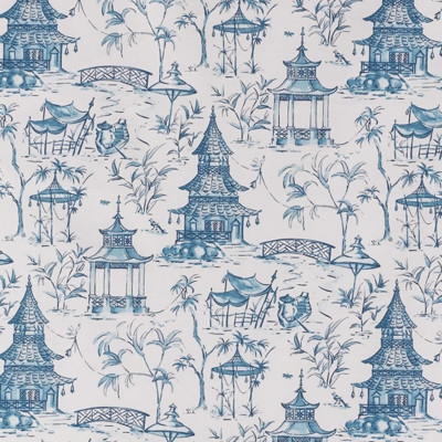 F1306 Seaside Fabric: E55, TOILE, BLUE TOILE, BLUE AND WHITE TOILE, PAGODA PRINT, PAGODAS PRINT, INDIGO AND WHITE PRINT, COTTON PRINT, ASIAN INSPIRED PRINT, SCENERY, SCENE,