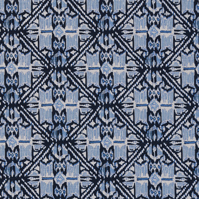 F1318 Wedgewood Fabric: E55, DIAMOND, GEOMETRIC, GLOBAL, TRIBAL, AZTEC, PRINT, SOUTHWEST, IKAT, MADE IN USA, COTTON, COTTON PRINT, 100% COTTON, BLUE