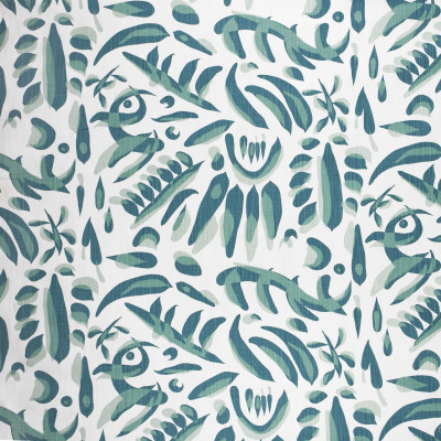 F1334 Viridian Fabric: E55, CONTEMPORARY, ABSTRACT, TRIBAL, LINEN BLEND, FAUX LINEN, PRINT, BLUE, TEAL, MADE IN USA