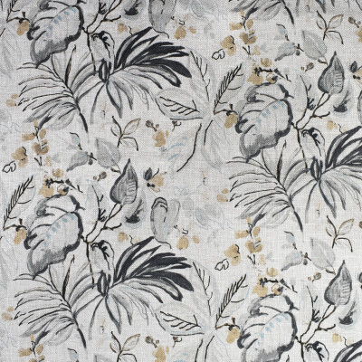 F2192 Smoke Fabric: E69, NEUTRAL, TAN, FLOWER, FLOWERS, FLOWERY, TROPICAL, LEAVES, LEAF, PALM LEAVES, PALM, BLUE, GREEN, OLIVE GREEN