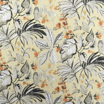 F2368 Straw Fabric: E71, TROPICAL FLORAL PRINT, GREEN AND ORANGE FLORAL, FLORAL PRINT, TROPICAL PRINT, GREEN AND ORANGE TROPICAL, TROPICAL FOLIAGE, FOLIAGE PRINT, ORANGE AND GREEN FOLIAGE