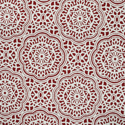 F2651 Crimson Fabric: E76, MADE IN USA, REVOLUTION, OUTDOOR, REVOLUTION OUTDOOR, PERFORMANCE, BLEACH CLEANABLE, OUTDOOR MEDALLION, OUTDOOR GEOMETRIC, RED MEDALLION, RED GEOMETRIC
