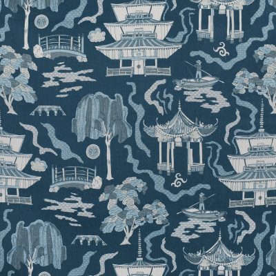 F2734 Riverside Fabric: E84, ASIAN, TOILE, PAGODA, PRINT, NAVY, BLUE