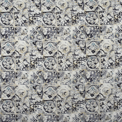 S2564 Smoke Fabric: S32, ANNA ELISABETH, COTTON PRINT, 100% COTTON, TILE PRINT, MEDALLION PRINT, TILE, GRAY PRINT, GREY PRINT, BLUE PRINT, GRAY MEDALLION, GREY MEDALLION, BLUE MEDALLION, WINDOW, DRAPERY