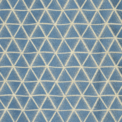 S2651 Ceramic Fabric: S34, WINDOW, ANNA ELISABETH, DRAPERY, EMBROIDERY, GEOMETRIC, GEOMETRIC EMBROIDERY, TRIANGLES, BLUE, BLUE EMBROIDERY, BLUE GEOMETRIC