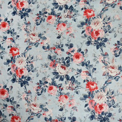 S3138 Chambray Fabric: M03, FLORAL, PRINT, FAUX LINEN, BLUE, RED, CHAMBRAY
