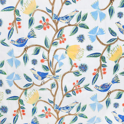 S3933 Canary Fabric: S53, FLORAL, ANIMAL, BIRD, PRINT, BLUE, YELLOW, CANARY
