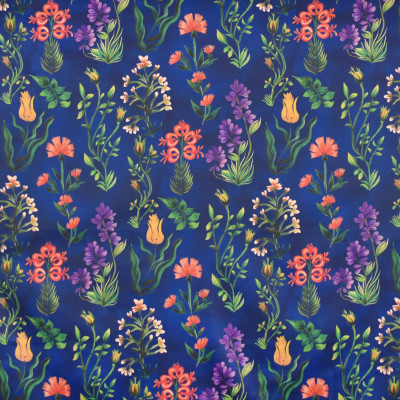 S4031 Deep Blue Fabric: S54, BOTANICAL, CONTEMPORARY, FLORAL, PRINT, COTTON, 100% COTTON, BLUE, ORANGE, DEEP BLUE