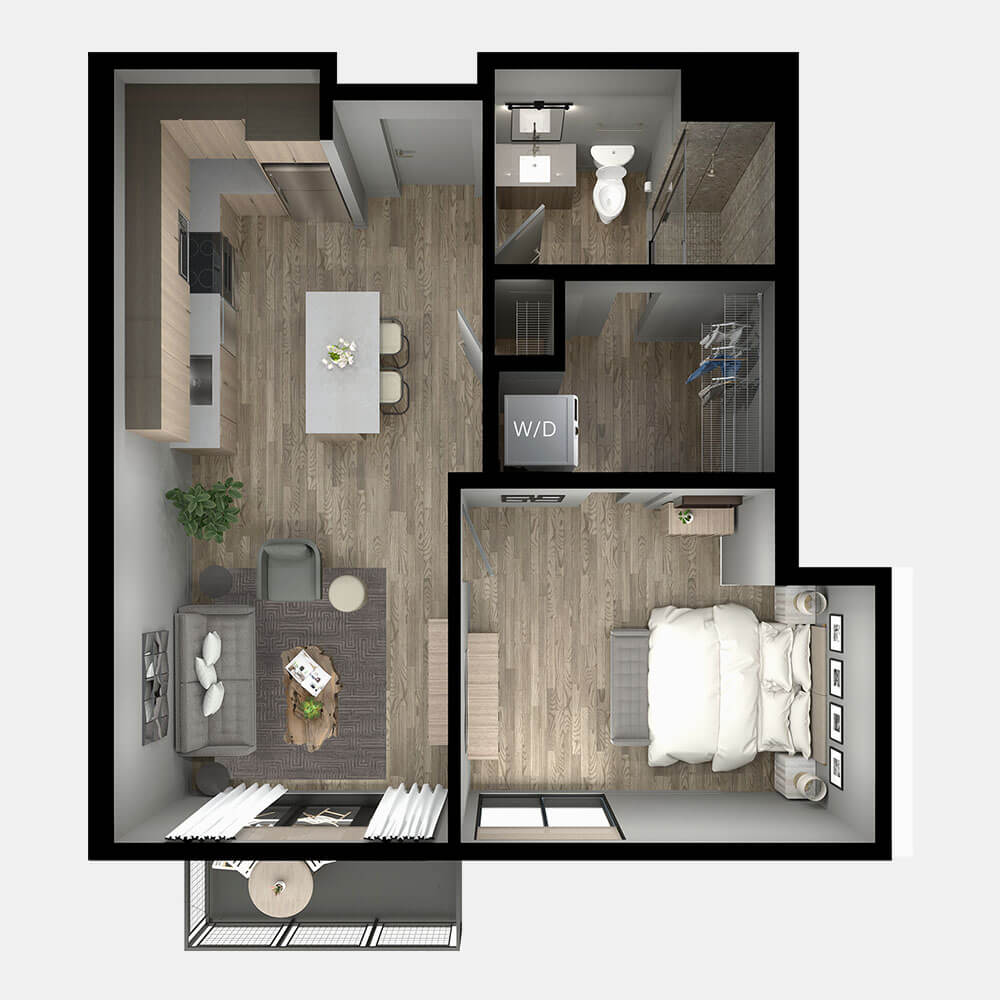 A top-down 3D rendering of the 'Hickory' apartment floor plan.