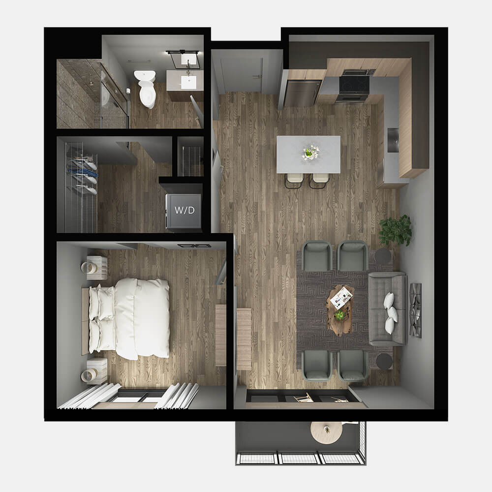 A top-down 3D rendering of the 'White Pine' apartment floor plan.