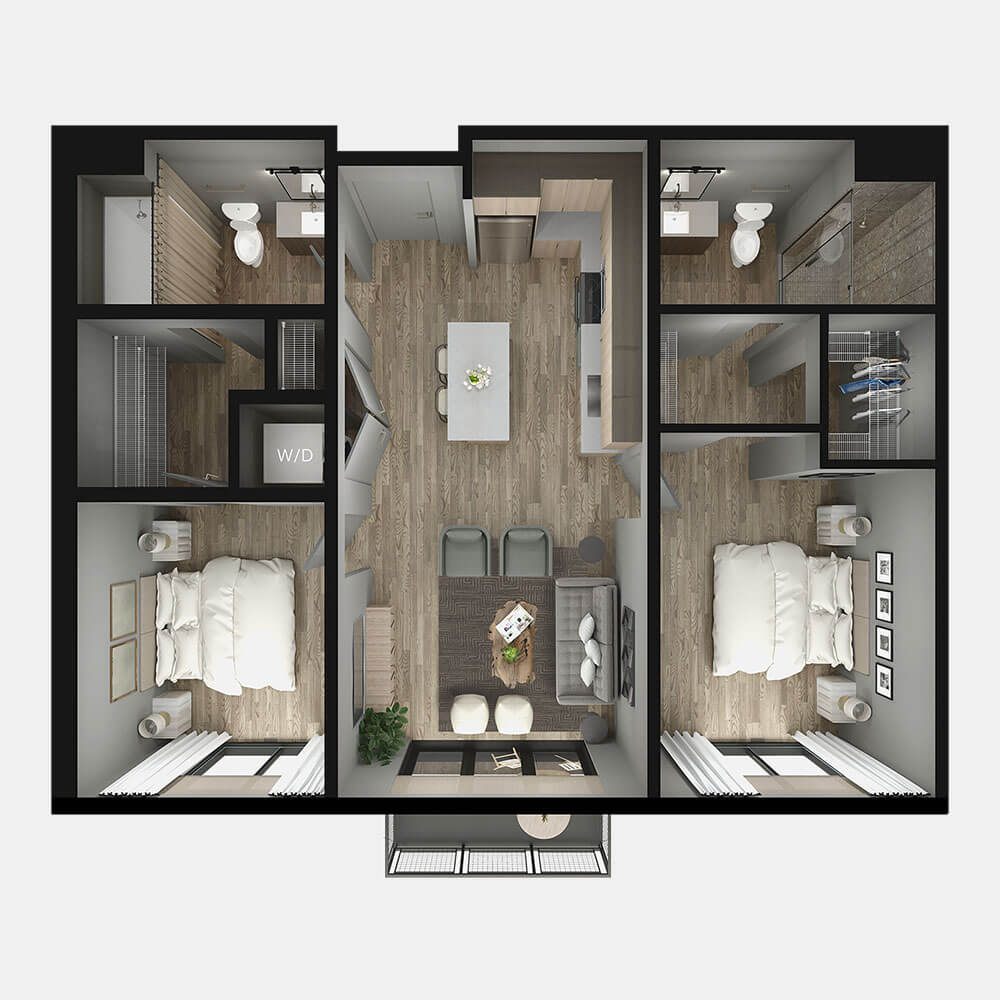 A top-down 3D rendering of the 'Ash' apartment floor plan.