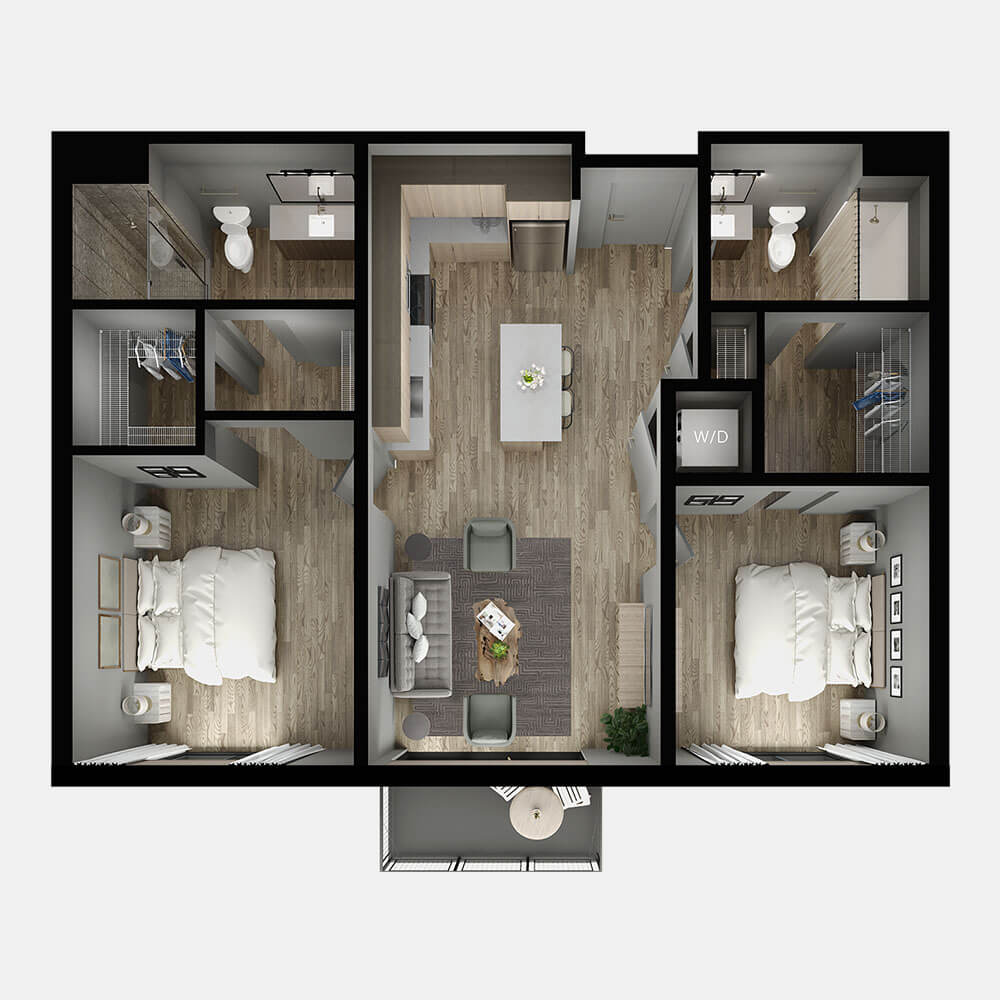 A top-down 3D rendering of the 'Elm' apartment floor plan.