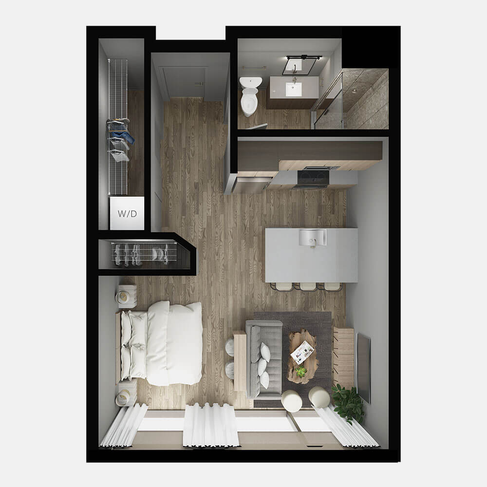 A top-down 3D rendering of the 'Elderberry' apartment floor plan.