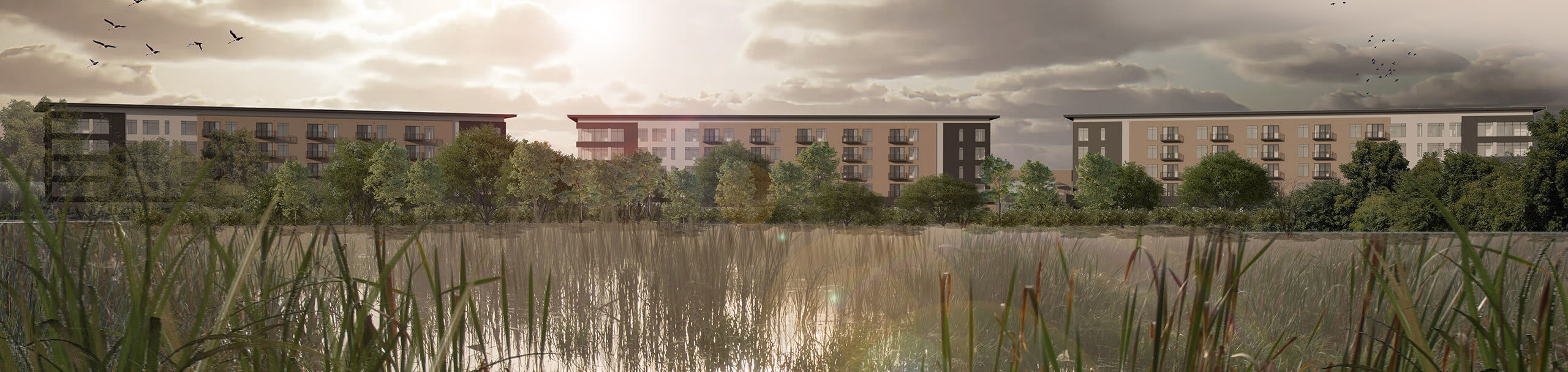 3D rendering of a marsh landscape on a partly sunny day with 3 apartment buildings as viewed from across the marsh.
