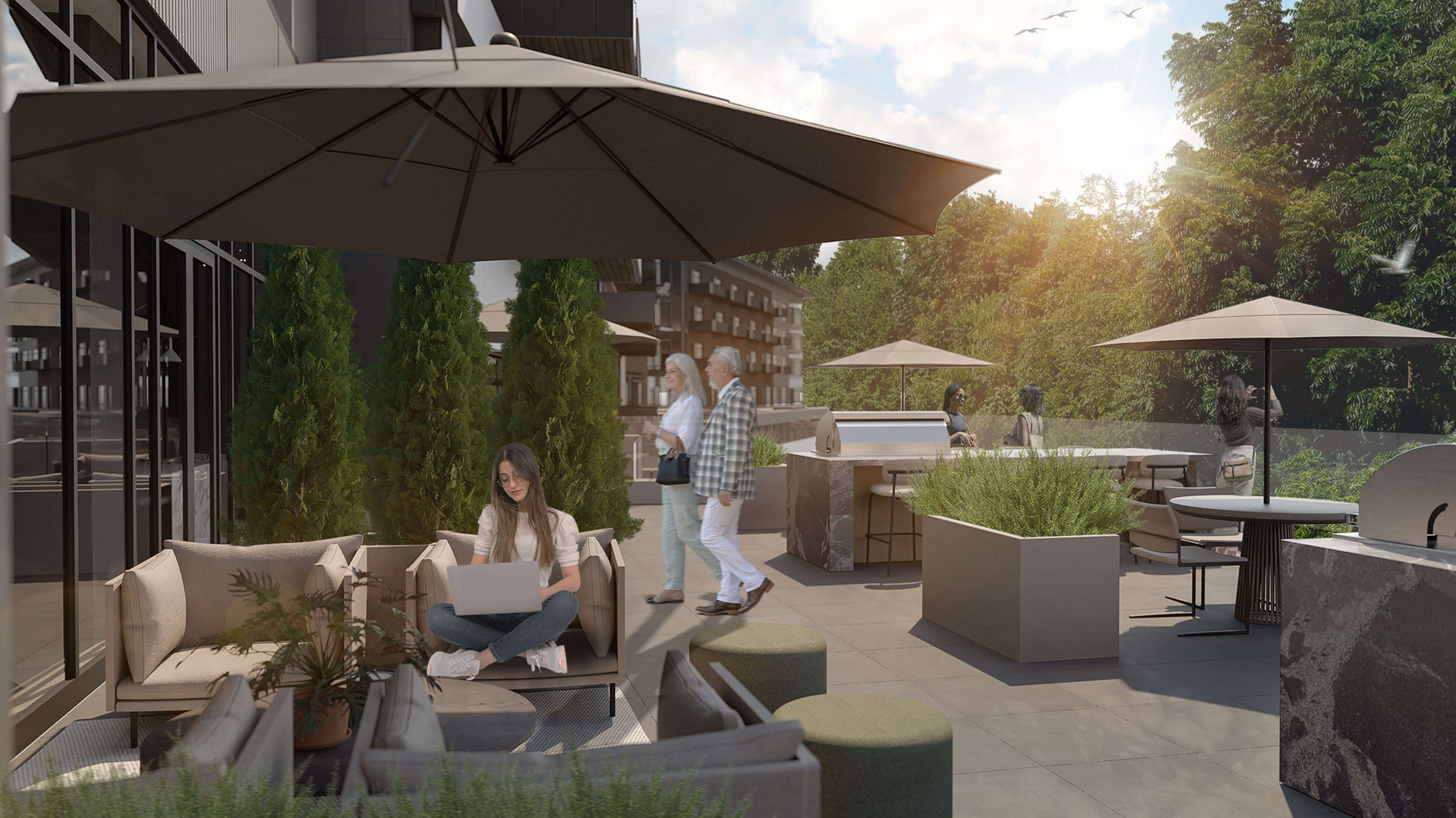 3D rendering of people on a roof deck surrounded by trees.