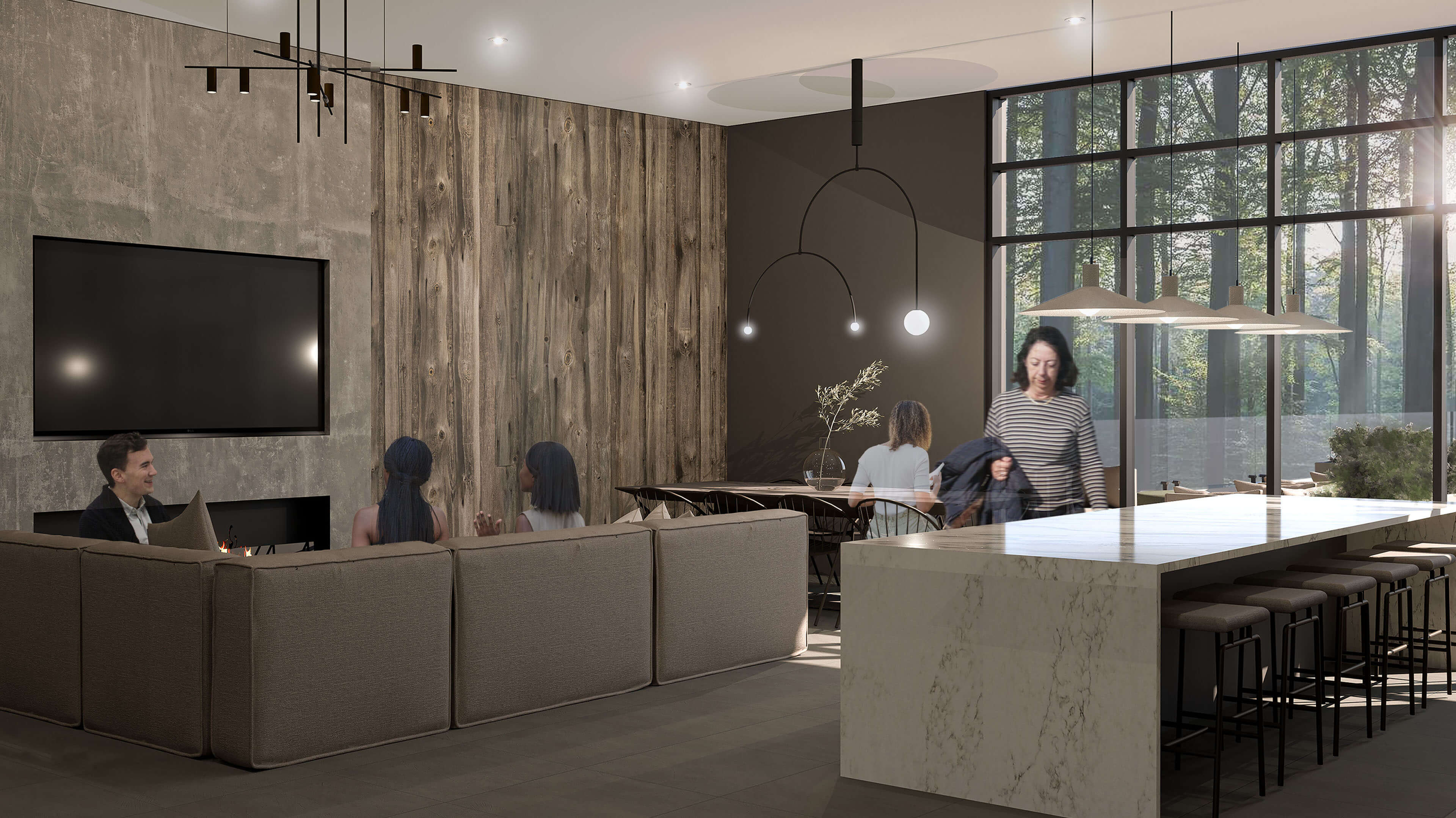 3D rendering of clubroom with people sitting in couches and walking through with trees outside large windows.