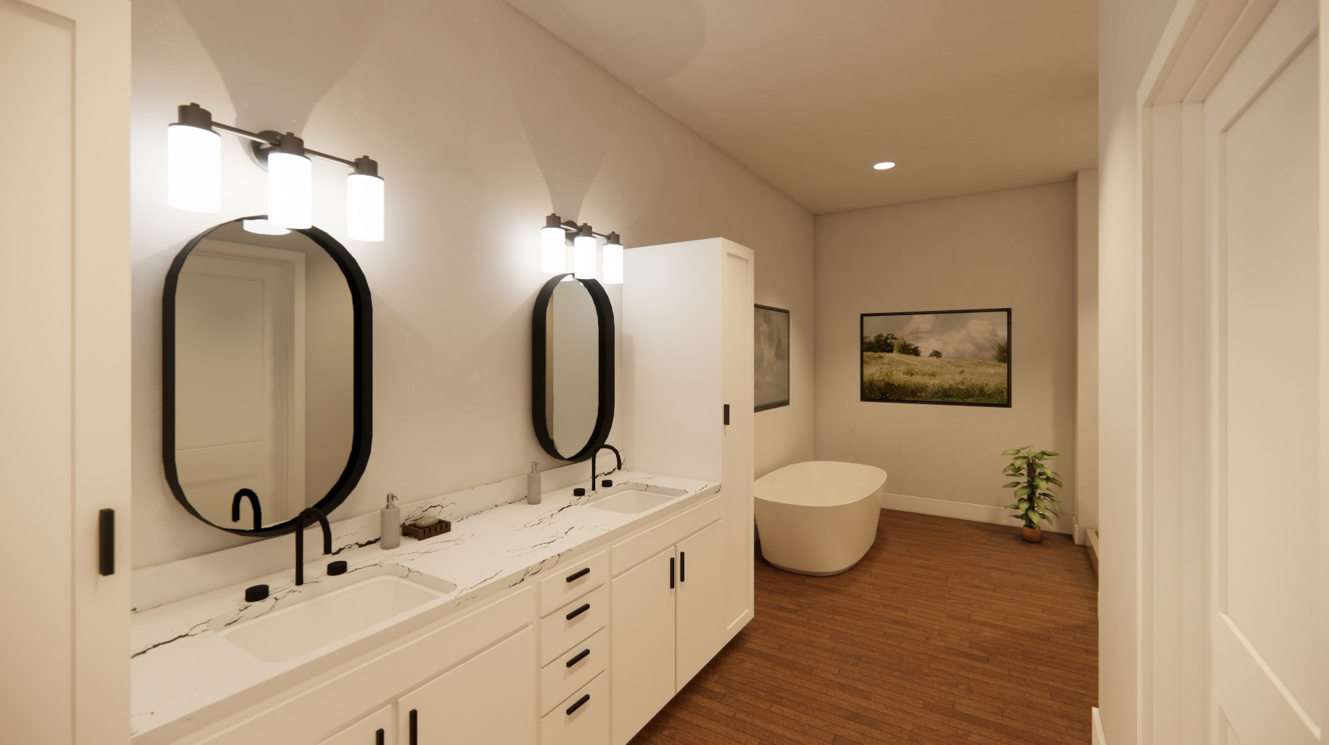 A modern bathroom featuring two sinks and a freestanding tub, with neutral-colored walls and stylish fixtures.