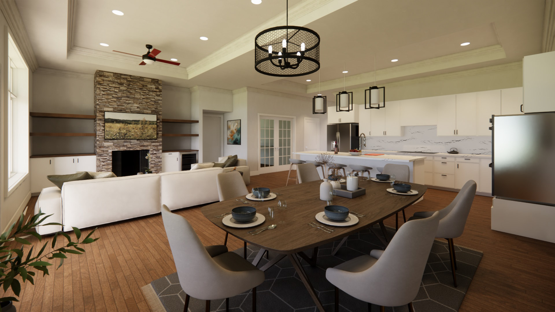 Modern kitchen, living room and dining area featuring fireplace, sleek appliances, a large table, and contemporary decor in a bright, open space.