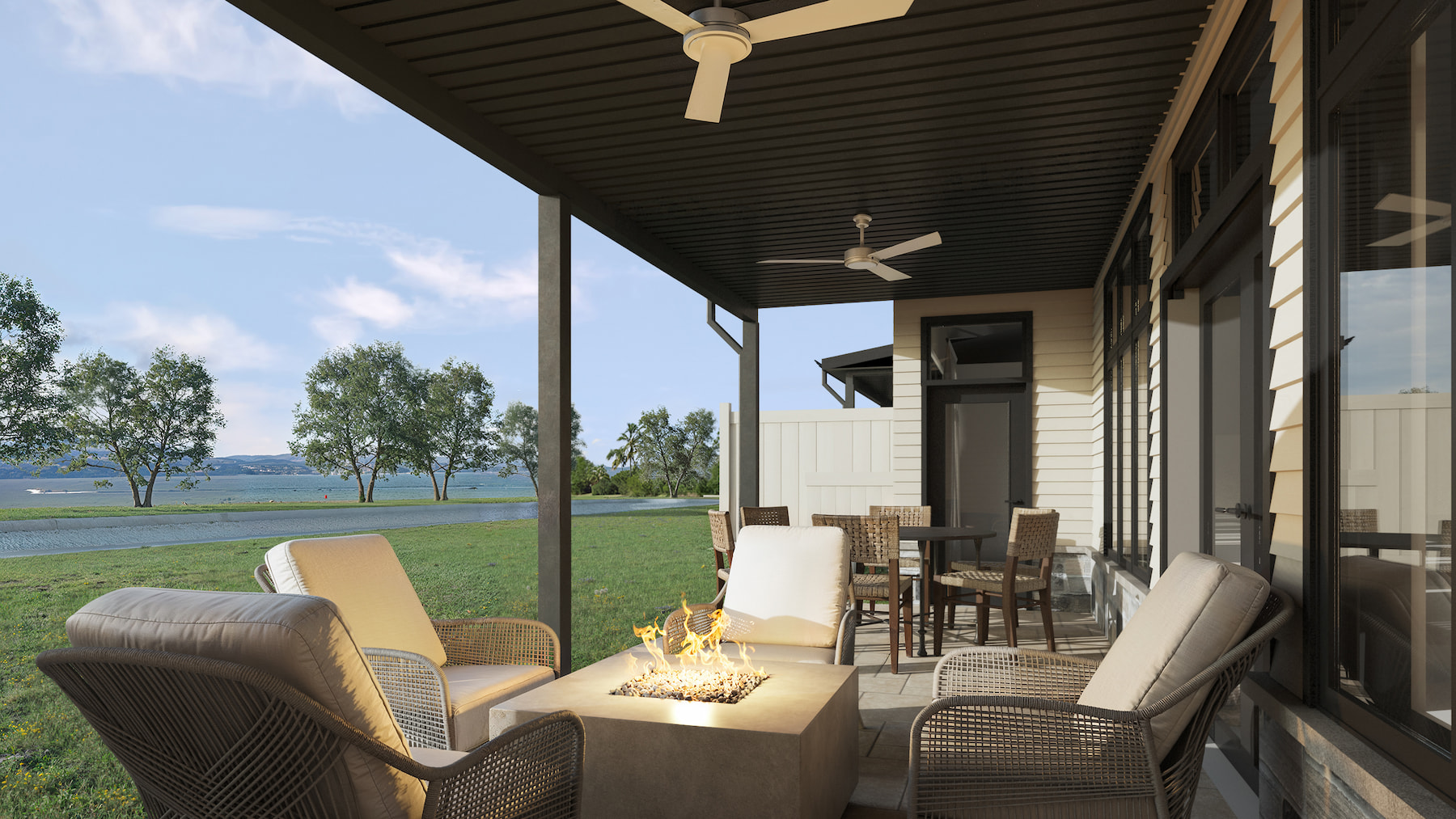 Rendering of the back porch area of homes at West Point Centre. Featuring sitting areas and fire place