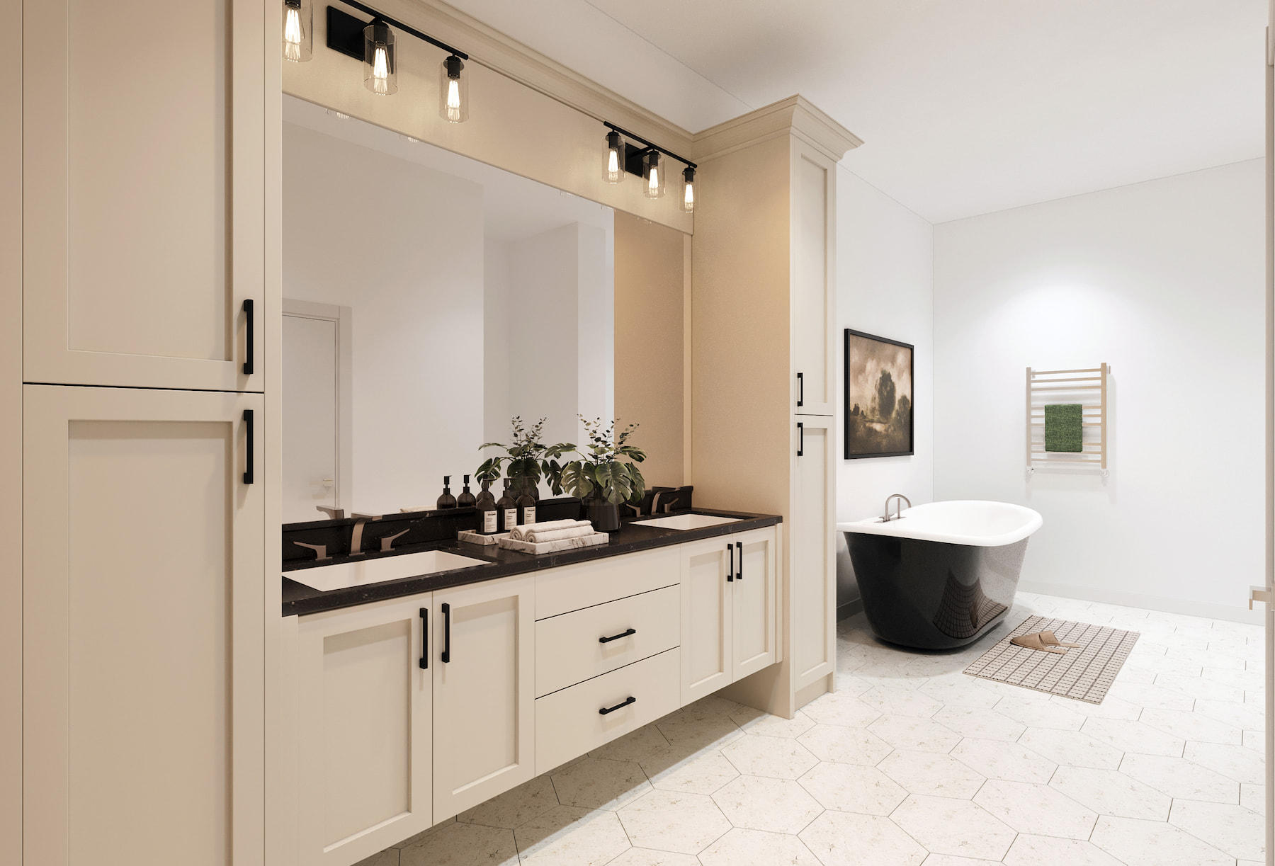 A modern bathroom featuring two sinks and a freestanding tub, with neutral-colored walls and stylish fixtures.