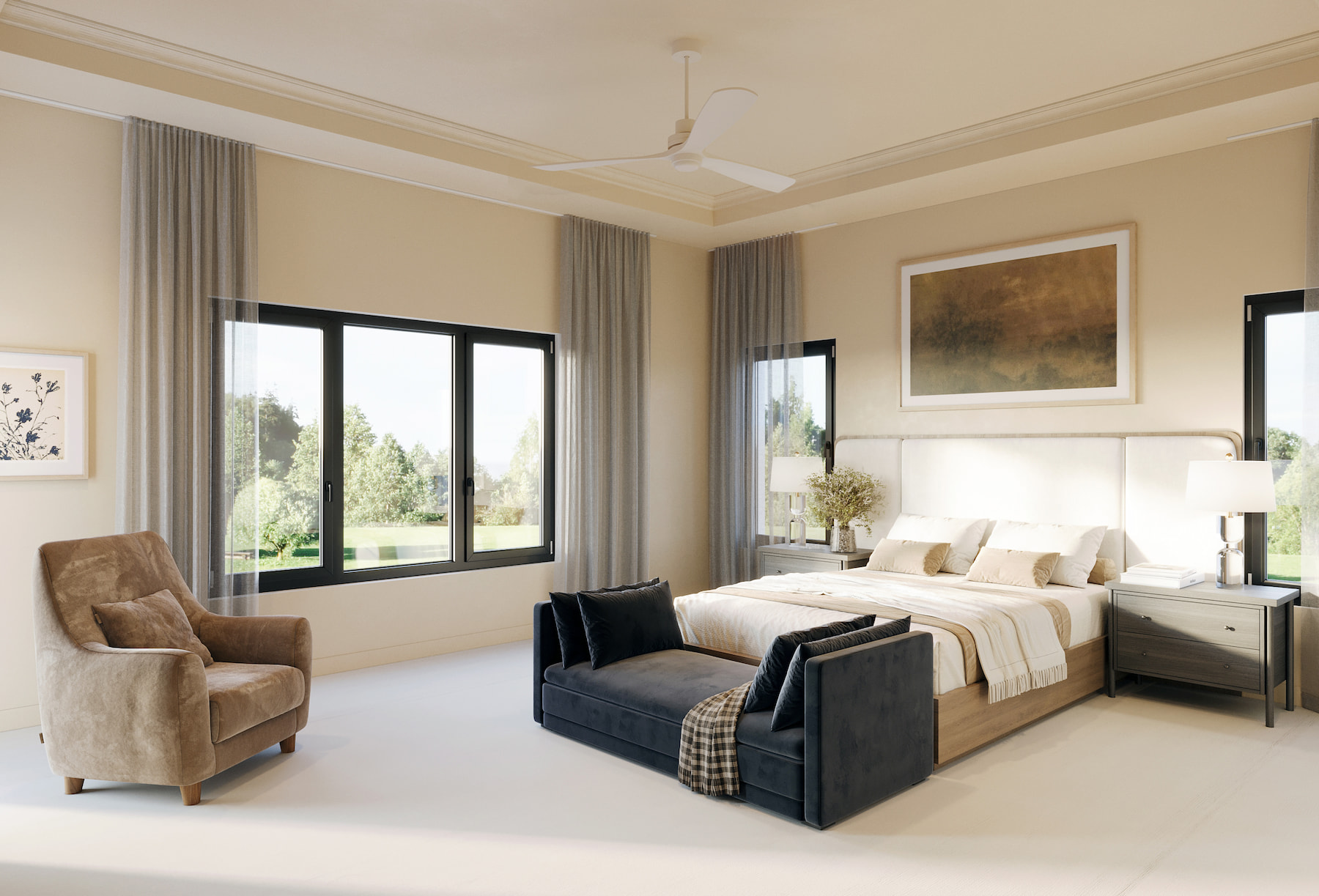A modern bed room featuring a stylish ceiling fan, large windows and bed.