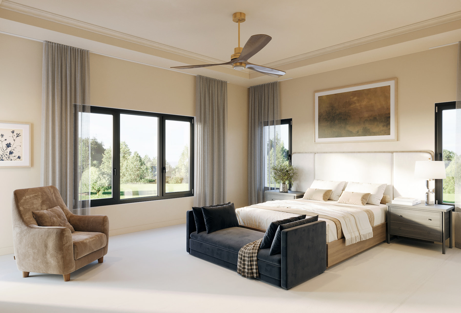 A modern bed room featuring a stylish ceiling fan, large windows and bed.