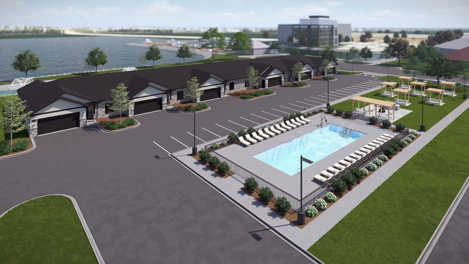 Aerial view of the tennis courts and swimming pool