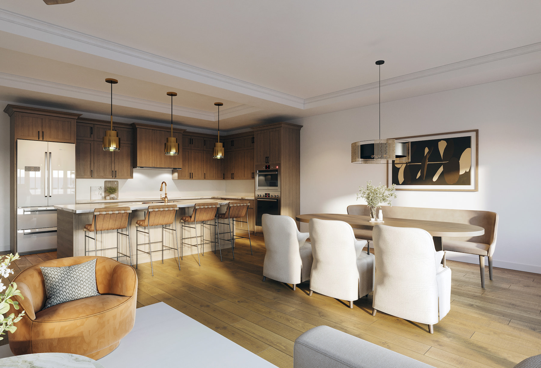 Modern kitchen and dining area featuring sleek appliances, a large table, and contemporary decor in a bright, open space.
