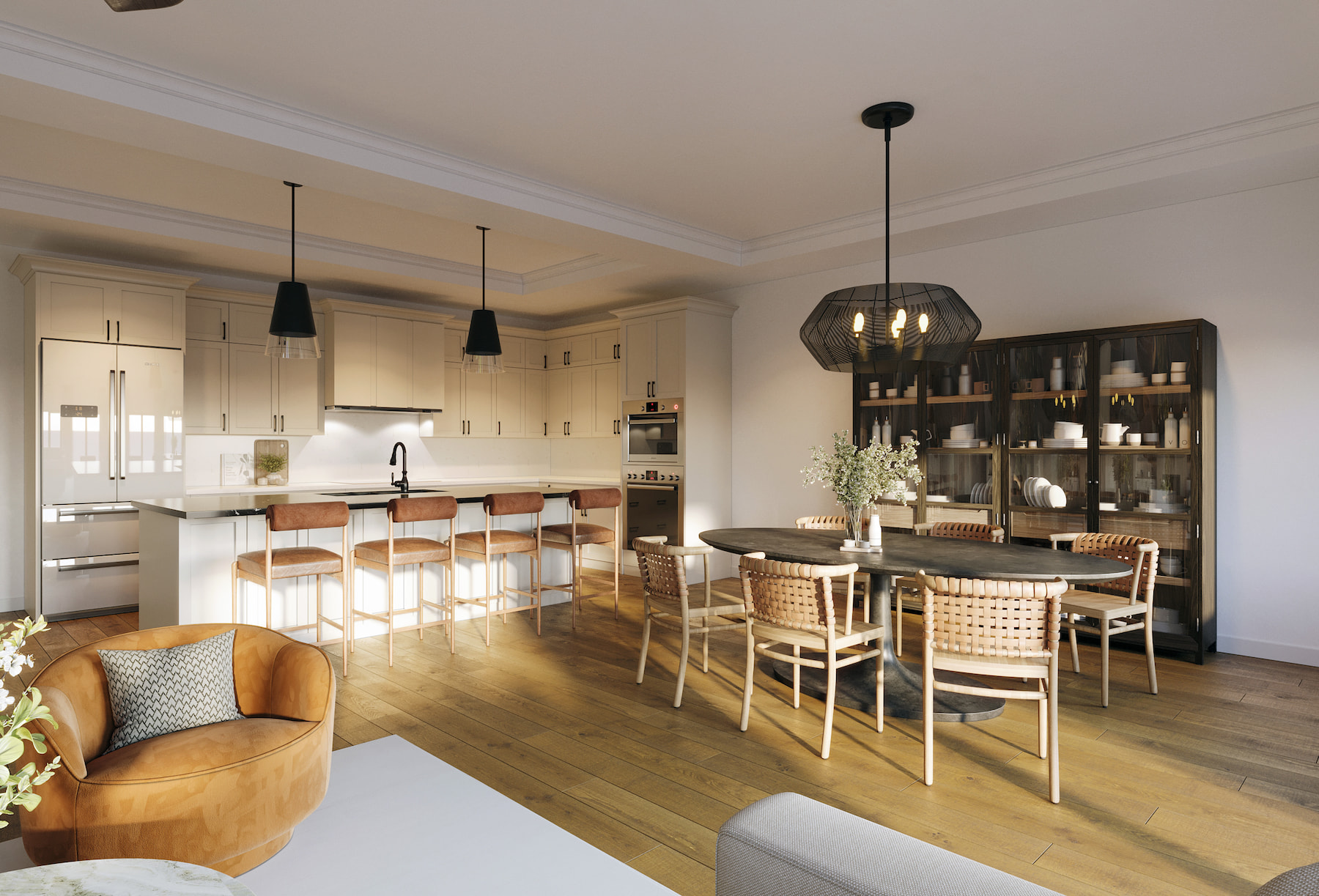 Modern kitchen and dining area featuring sleek appliances, a large table, and contemporary decor in a bright, open space.