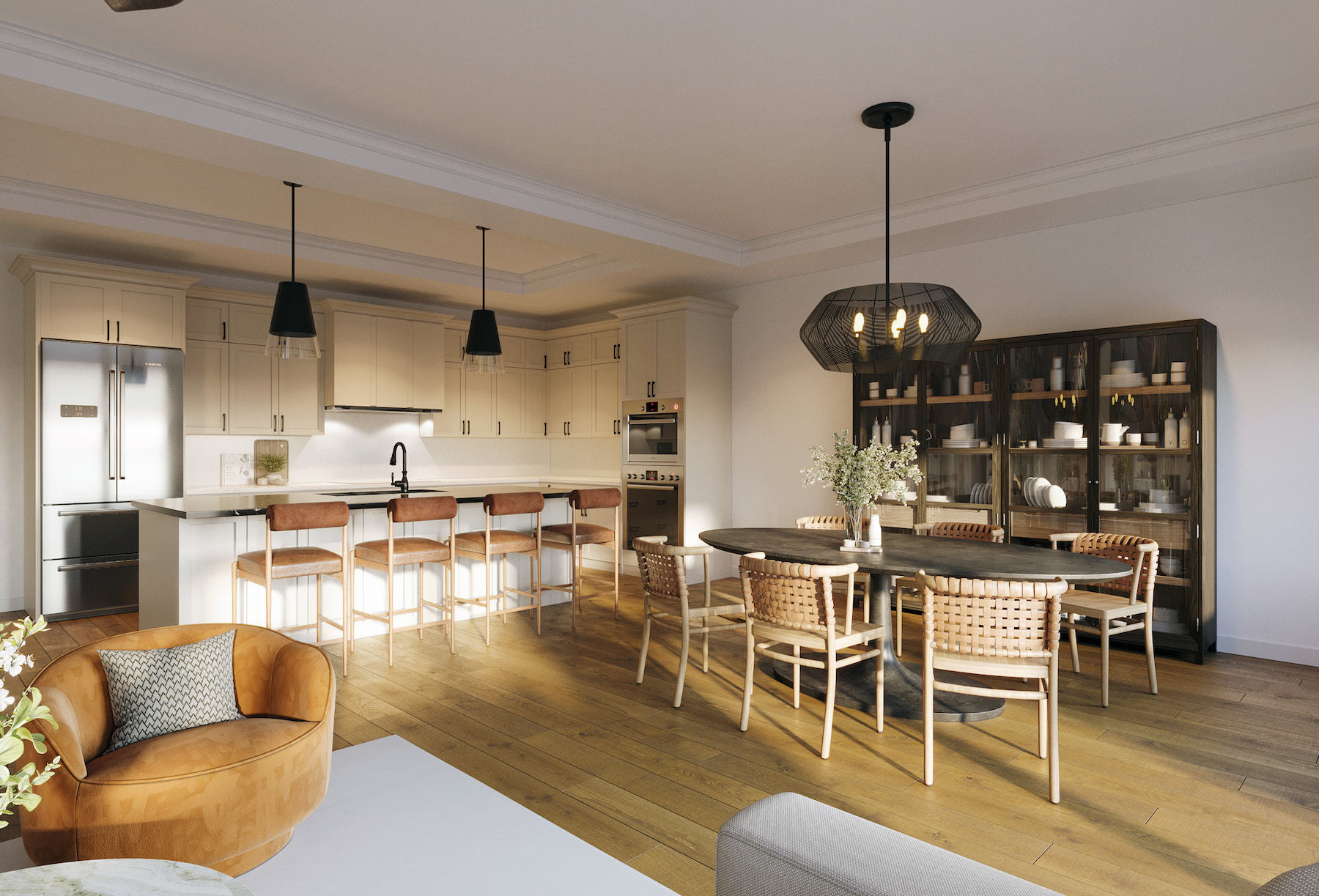 Modern kitchen and dining area featuring sleek appliances, a large table, and contemporary decor in a bright, open space.