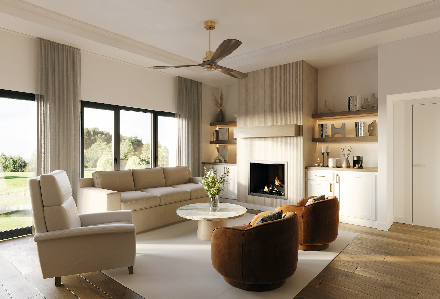 A contemporary living room featuring a cozy fireplace and a stylish ceiling fan, creating a warm and inviting atmosphere.