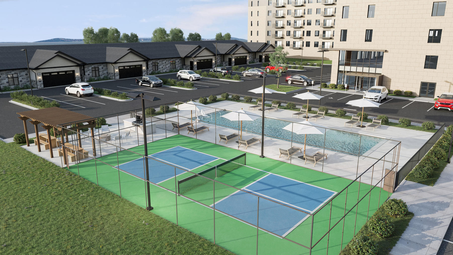 Aerial view of the tennis courts and swimming pool