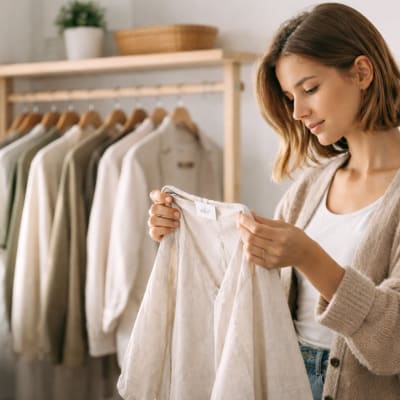 Frau begutachtet Leinenbluse