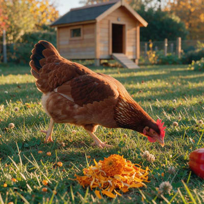 Braunes Huhn pickt auf einer sonnigen Wiese Gras, davor Maiskörner, Ringelblumenblüten und eine rote Paprika