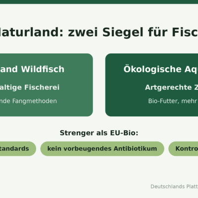 Infografik Naturland-Fisch: zwei Siegel – Naturland Wildfisch für nachhaltige Fischerei und ökologische Aquakultur für artgerechte Zucht. Strenger als EU-Bio, mit verbindlichen Sozialstandards und ohne vorbeugendes Antibiotikum.