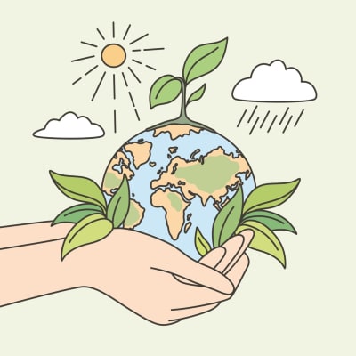 Ökologie, nachhaltige Natur, Konzept zum Schutz des Planeten. Hände, die den Planeten Erde mit wachsenden Pflanzen, Sonne und Regen umgeben halten und sich um ihn kümmern – Vektorgrafik.