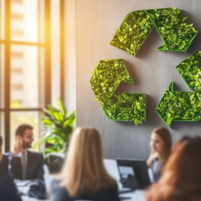 Geschäftsleute halten eine Besprechung in einem modernen Büro ab, an dessen Wand ein grünes Recycling-Symbol prangt.