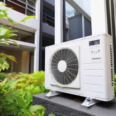  Eine Luft-Wasser-Wärmepumpe vor einem Wohngebäude