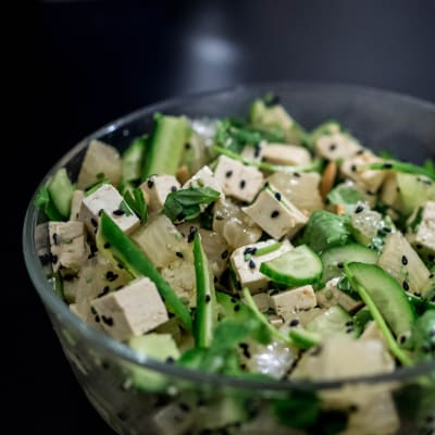 Tofu, serviert mit Gurke und Kräutern